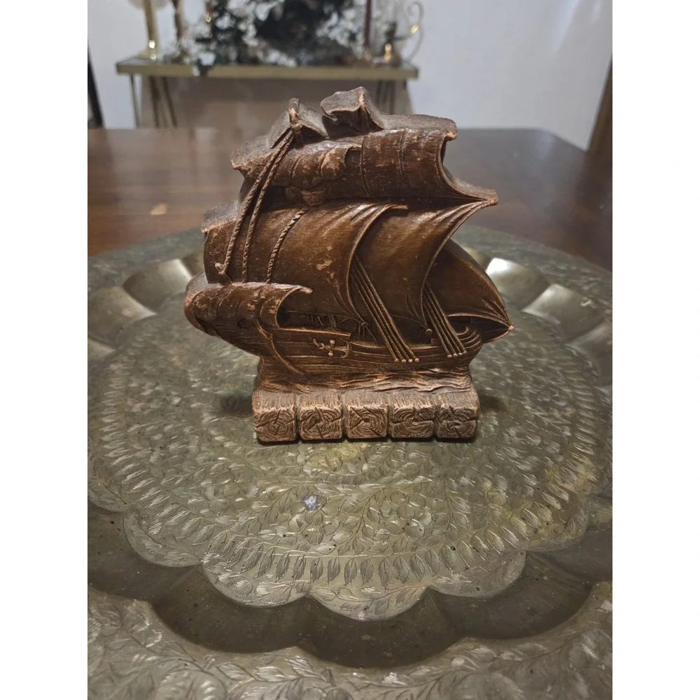 Orna wood bookend Ship, Nautical Coastal, Vintage